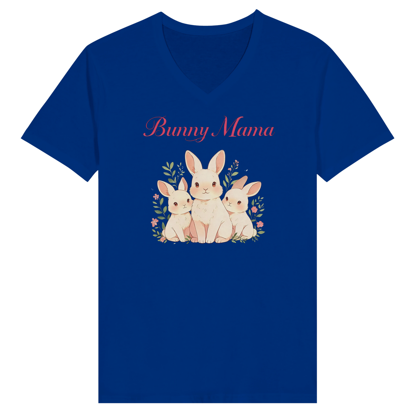 Blue t-shirt with 'Bunny Mama' text and rabbit illustration on a white background