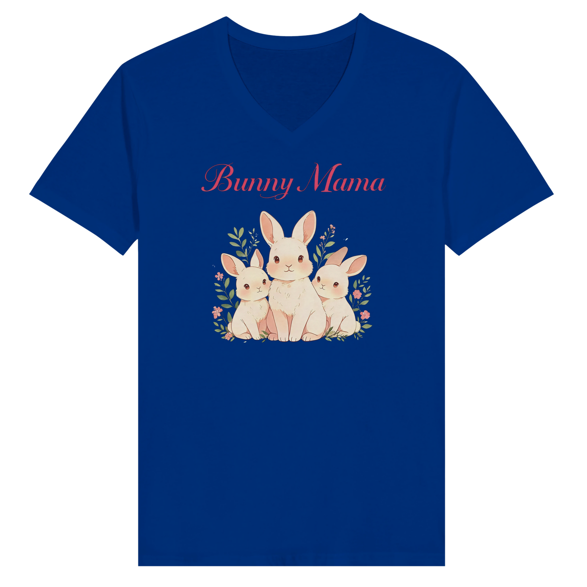 Blue t-shirt with 'Bunny Mama' text and rabbit illustration on a white background